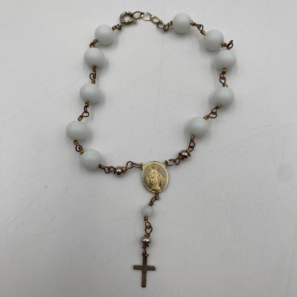 Rosary White Beaded Bracelet Prayer Beads Catholic 8" Long Religious